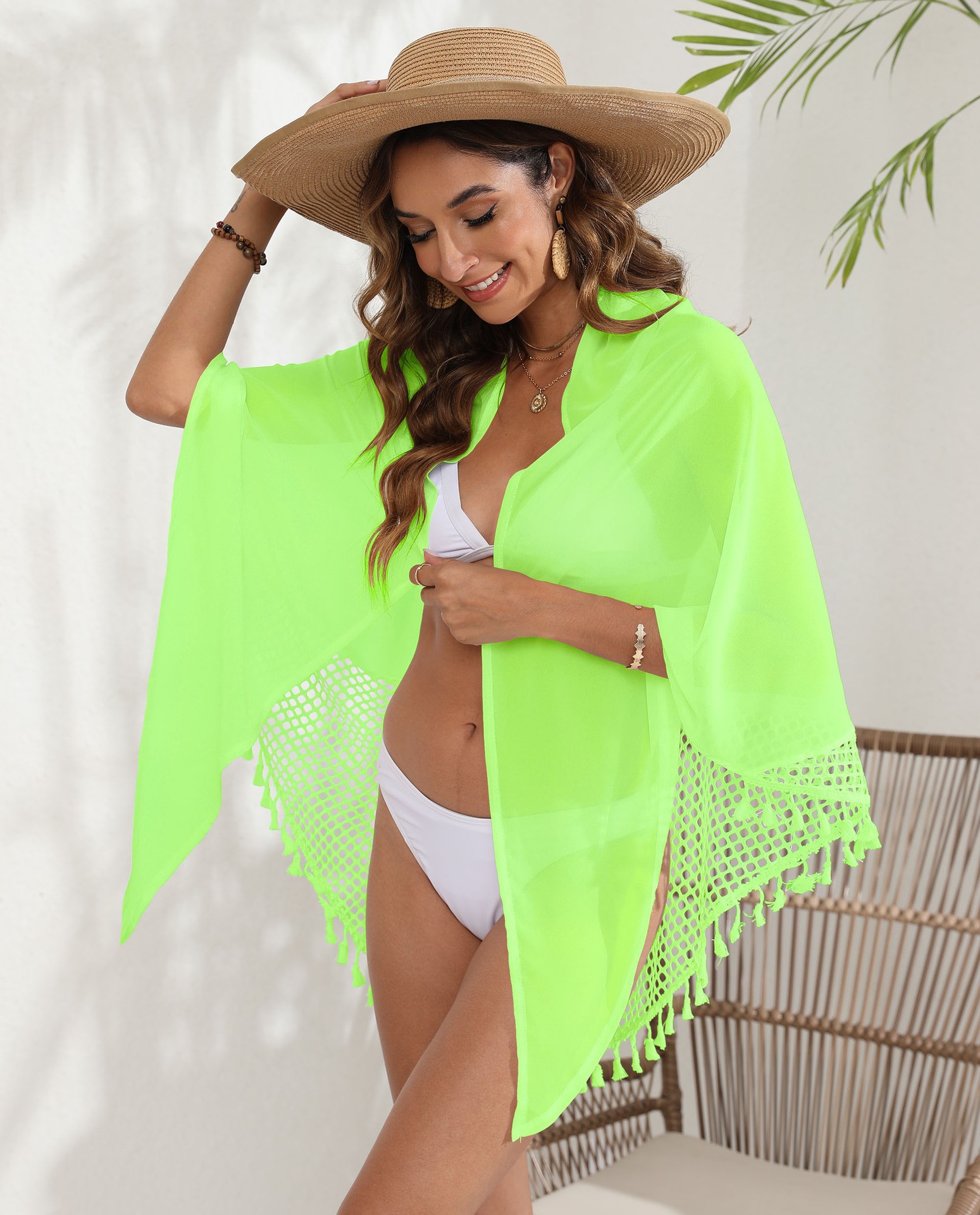 Beach Cover Up Kimono with Tassel Trim and Crochet Mesh Design